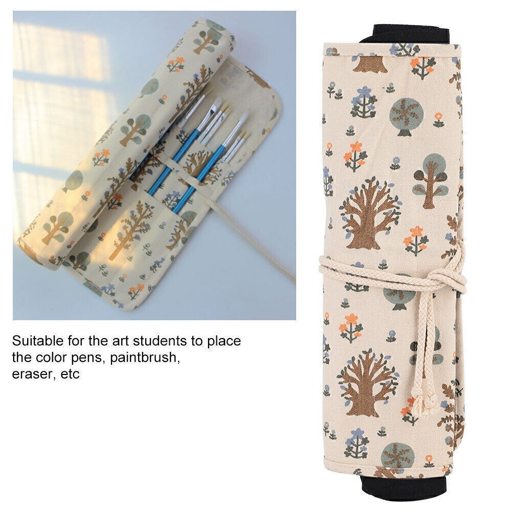Floral Print Canvas Roll Up Pencil Bag Wrap Curtain Pen Case Large Capacity