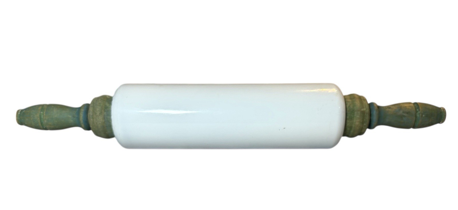Antique Imperial Milkglass Rolling Pin With Green Painted Wooden Handles 1920s