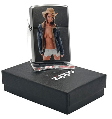 Original brandneu 2014 Zippo Feuerzeug selten SEXY COWGIRL DESIGN Satin Chrom Etui