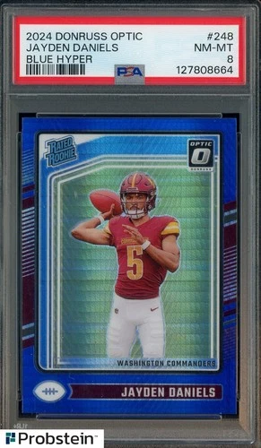#2 2024 Donruss Optic Blue Hyper #248 Jayden Daniels RC Rated Rookie PSA 8