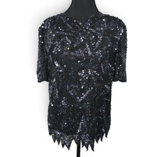 Styleworks Top Womens Medium Silk Black Sequin Beaded Art Deco Vintage EUC