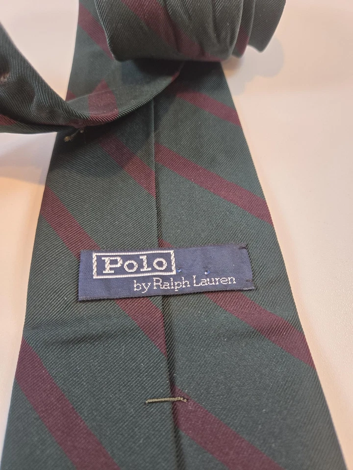 Polo por Ralph Lauren Corbata Para Hombre Verde Borgoña Rayas Hecha en EE. UU. Algodón Seda Foto 3 de 4