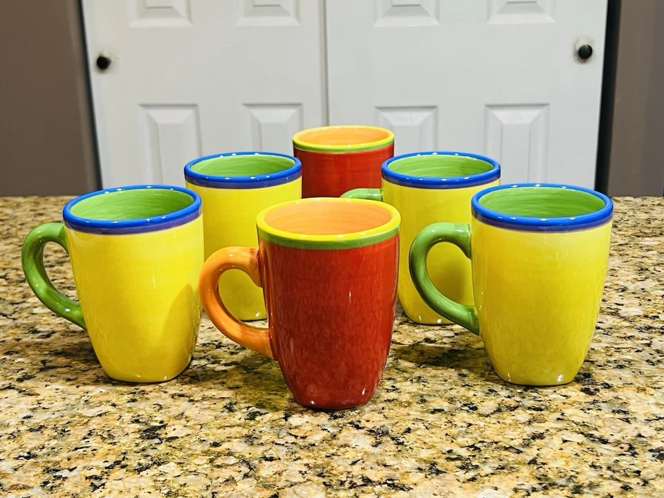 Dansk Handpainted Stoneware Mugs Set of 6 Colorful Mix 4.75” Bright Glossy - Image 3 of 4