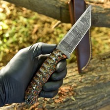 Handmade Damascus Steel Tanto Blade Custom Wood Handle Full Tang Hunting Knife