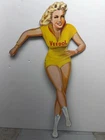 Vintage 1950s Veedol Skater Girl Die Cut Tin Sign Original 17.25 Tall 9.25” Wide