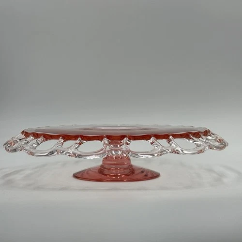 Lancaster Open Work Pink Lace Edge Vintage Depression Glass Cake Plate Stand