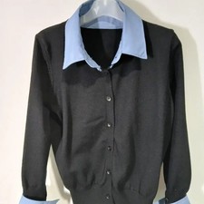 Black Knit Cardigan with Blue Color Block