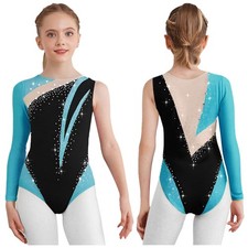 Girls Unitard Jazz Leotard Skating Ballet Cha-Cha Bodysuit Shiny Rhinestones