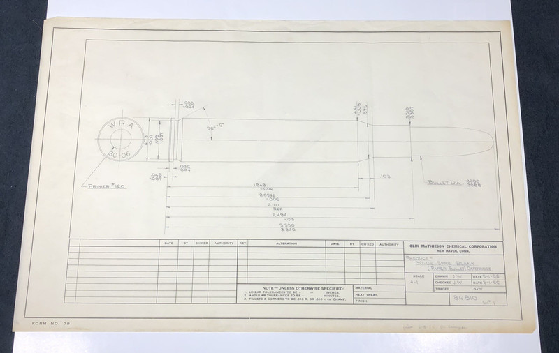 Winchester 30-06 Original Blue Print Blank Paper Bullet Cartridge Blue Print 