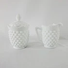 Vintage Fenton Milk Glass Hobnail Scallop Edged Creamer & Lidded Sugar Bowl Set