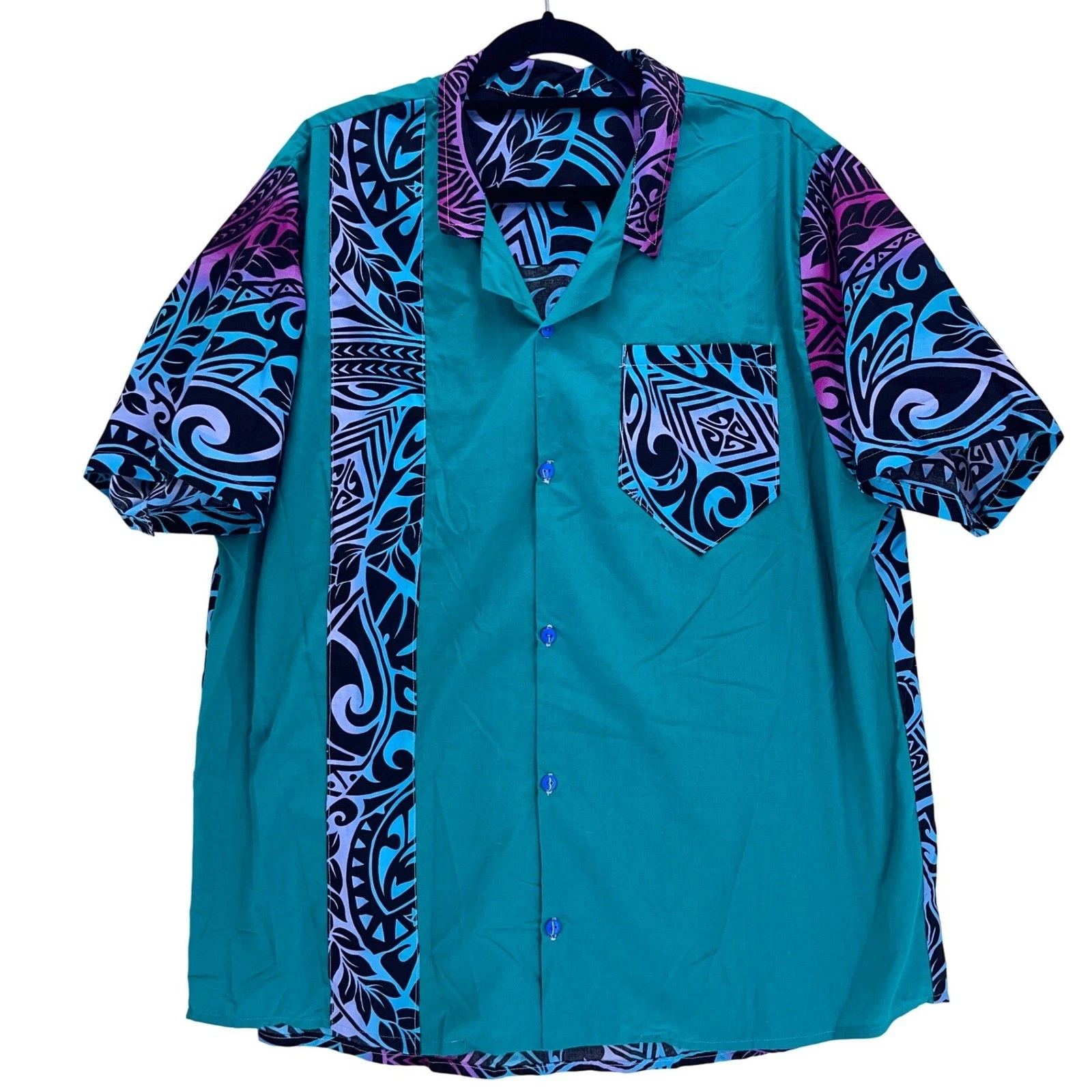 Handmade Teal Tribal Polynesian Print Tapa Button Up Shirt XL Hawaiian Aloha