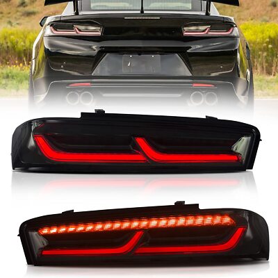 VLAND For 2016-2018 Chevy Camaro Led Smoked Black Tail Lights W/Red Sequential