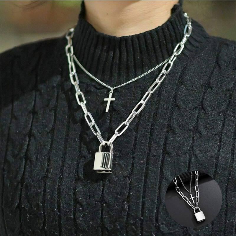 Jewelry Hip Hop Punk Cross Chain Square Lock Necklace Padlock