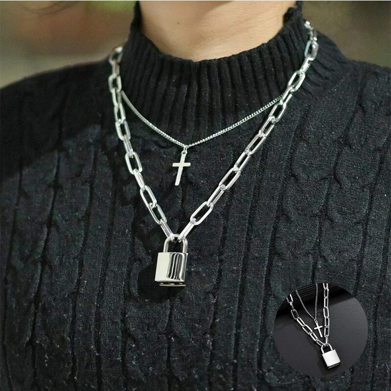 Stainless Steel Double Layer Key Lock Necklace Punk Link Chain