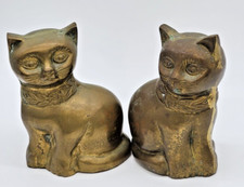 2 Vintage Brass Sitting Cat Hollow 4 3/4" with flowered collars