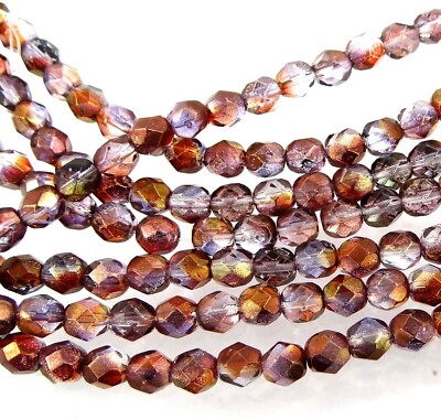 25 Firepolish Czech Glass Faceted Round Luster Amethyst Crystal 6mm