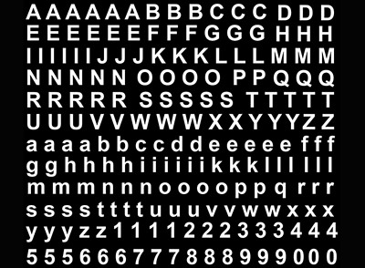 Block Font Alphabet 201 pcs 0.375 Inch Tall White Fused Glass Decals