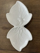 Vintage Ceramic Double Side White Leaf Textured Relish Dish Made In Portugal EUC