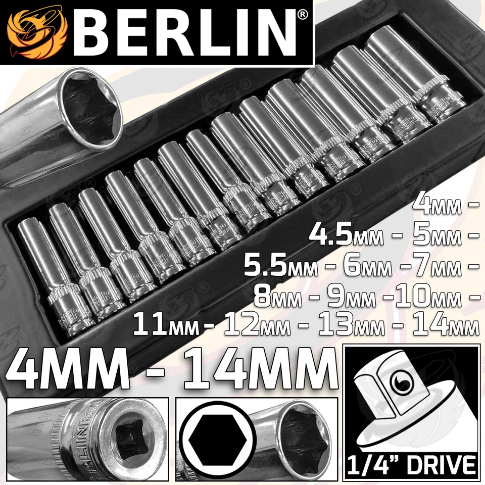 BERLIN 1/4" Drive Deep Socket Set Single Hex Drive Long Reach Deep Sockets 13pcs