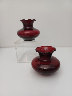 2 VTG Anchor Hocking Ruby Red Small Ruffled Edge Squat Bud Vases Exquisite Color