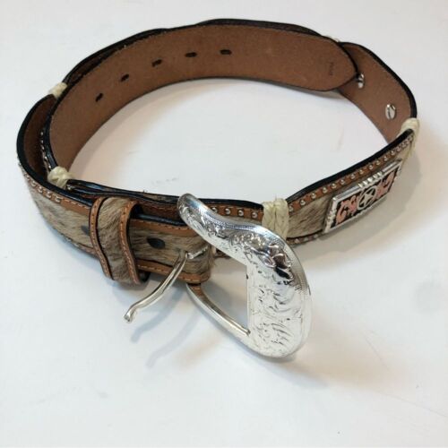 NEW Ranger Belt Company Genuine Leather & Pony Hair Belt Silver Plated Size 32