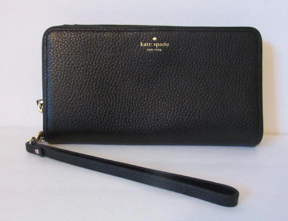 Kate Spade Brigitta Mulberry Black wallet wristlet tumbled leather travel  zipper | eBay