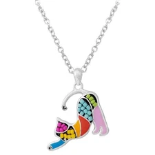 Colorful Mosaic Stretching Cat Pendant Necklace White Gold