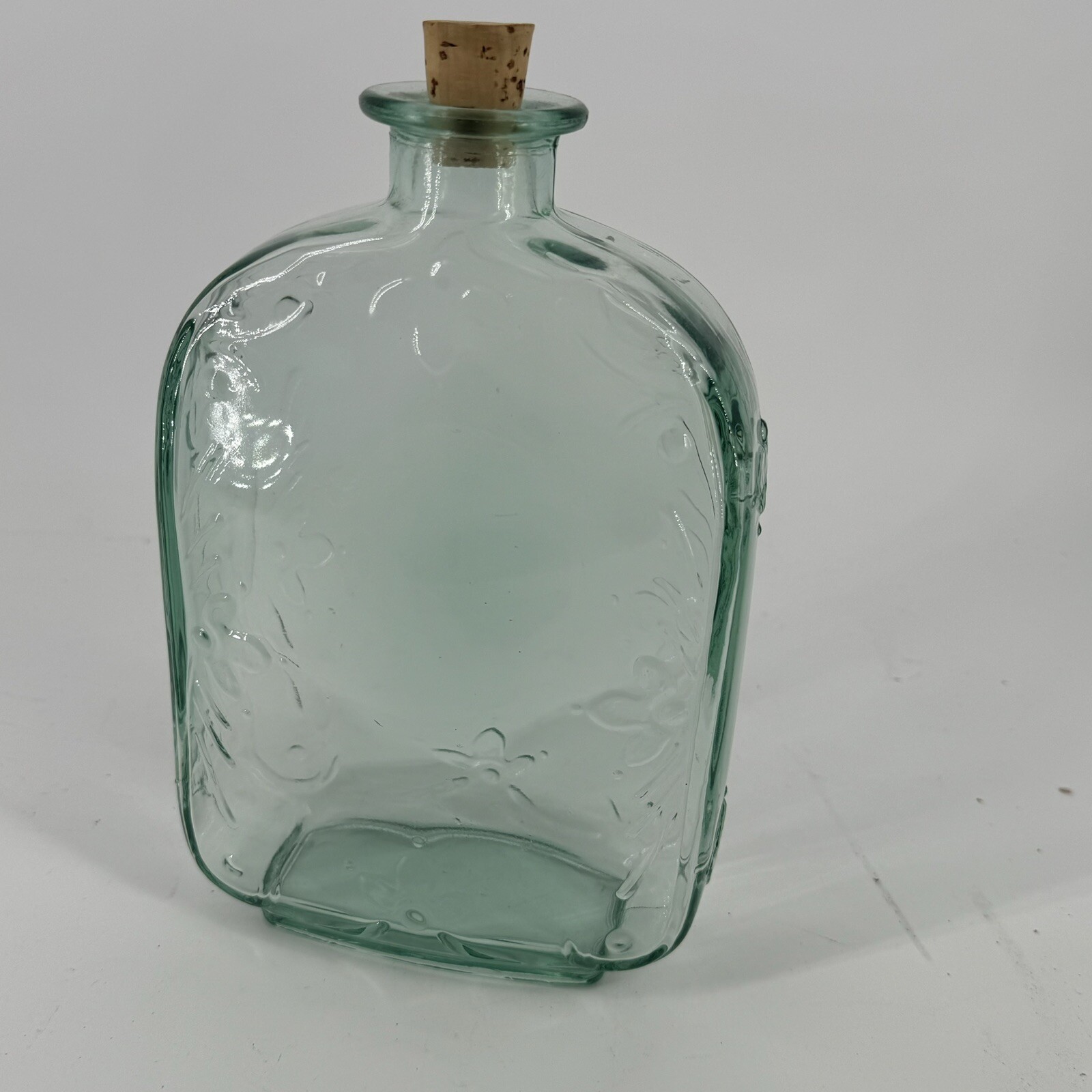 Green Glass Bottle/ Decanter / Vase with Raised Floral Design