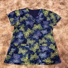 MC2 Ladies Size S Scrub Top Short Sleeve Blue Green Butterfly Print