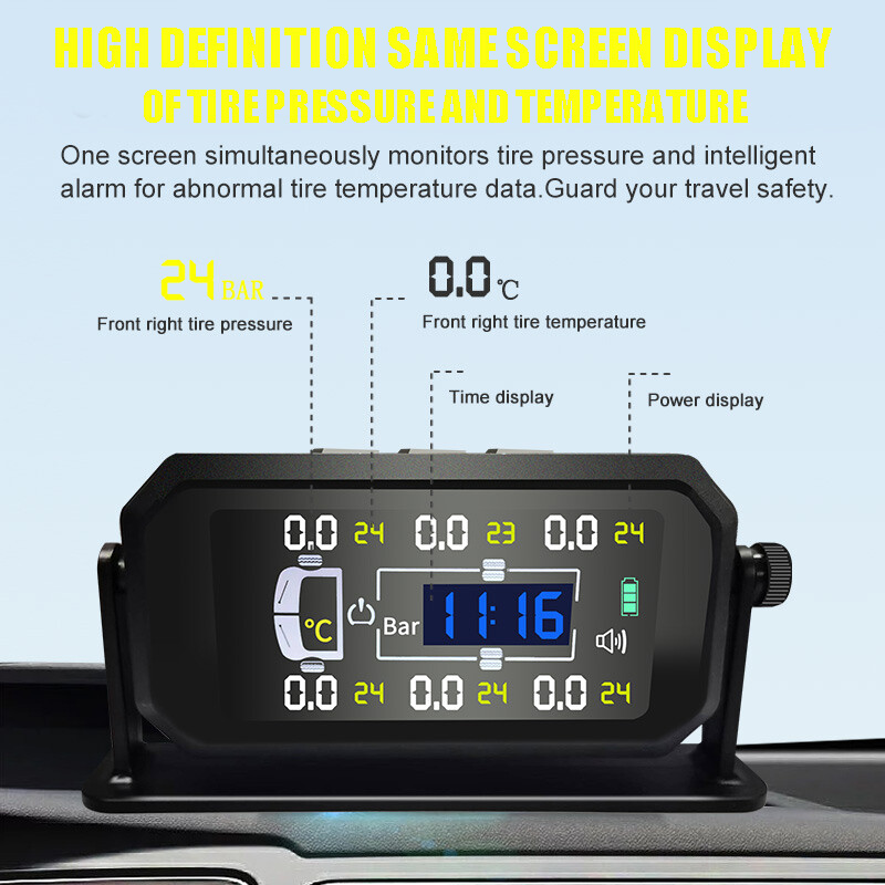 Lcd Wireless Solar Tpms Car Tire Pressure Monitoring System 4 External Sensors