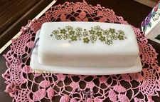 Vintage Pyrex Milk Glass Butter Dish Spring Blossom Crazy Daisy Green & White