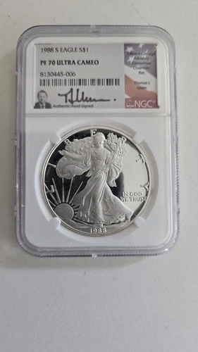 1988 S American Silver Eagle PF70 Ultra Cameo NGC Graded Coin Thomas Uram Signed