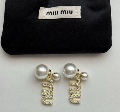 Miu Miu Crystal Gold Pearl Logo Drop Earrings Authentic Dust Bag