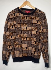 GUESS Los Angeles Men  s Logo Knit Sweater Size M Tan Black All Over Print