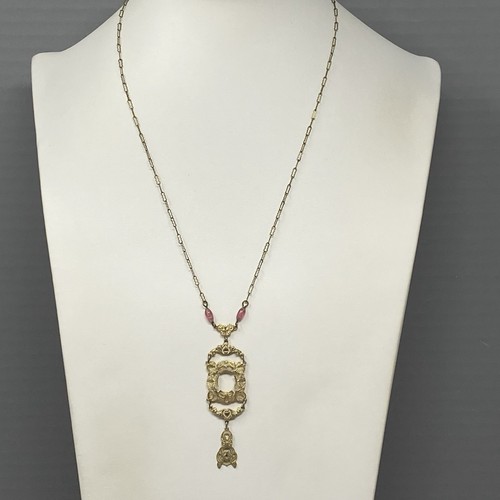 Vtg Art Deco Necklace Y Drop Gold Tone Chain Barrel Clasp Engraved Pendant 20" - Picture 2 of 12
