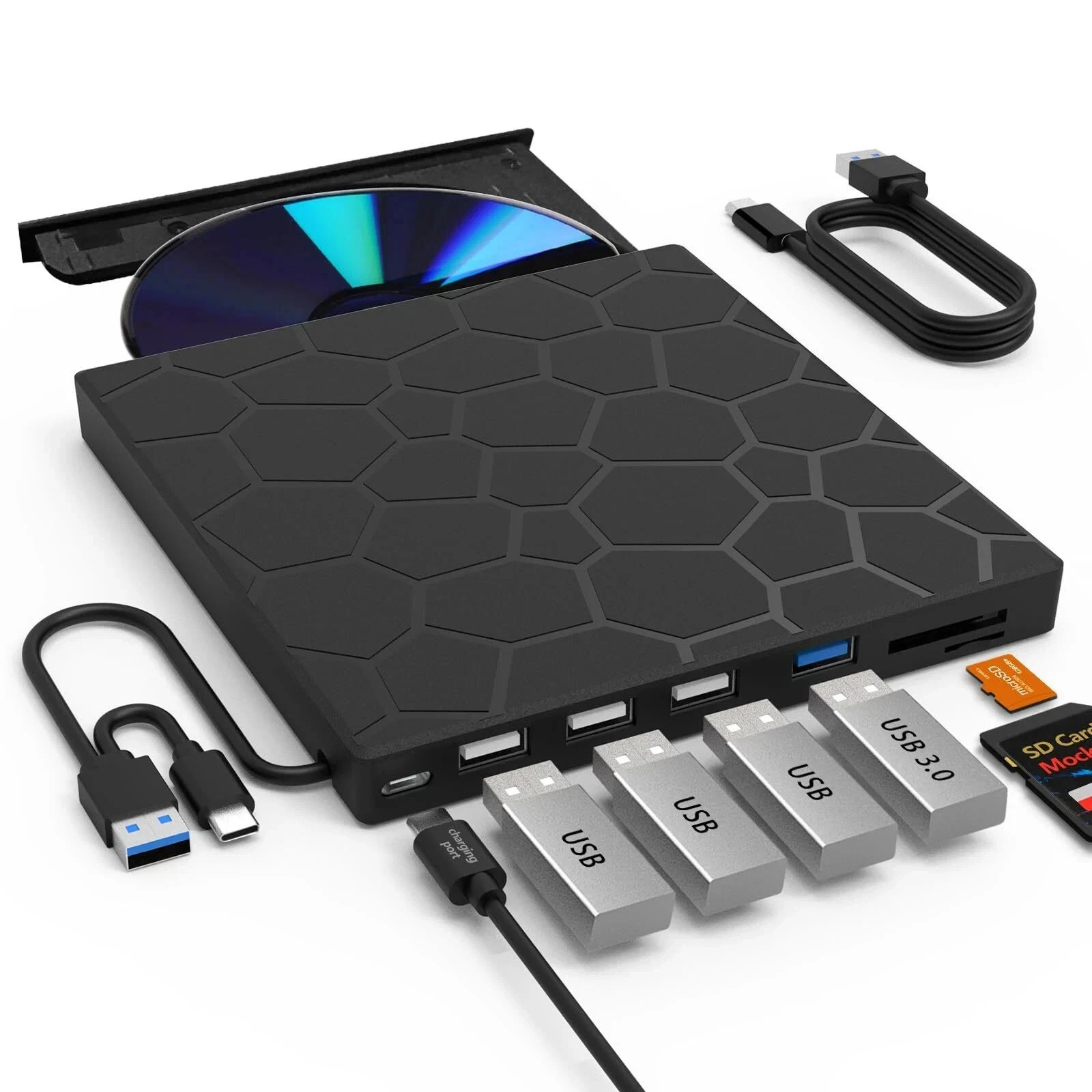 Lecteur graveur CD DVD externe USB 3.0 Type C avec ports SD TF noir