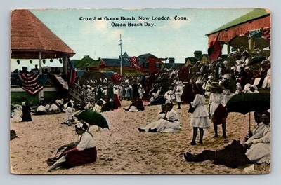 New London,CT Crowd at Ocean Beach c1910 Connecticut Vintage Postcard