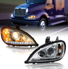 Freightliner Columbia Headlight LED Projector Stripe Crystal Pair Set 1996-2017