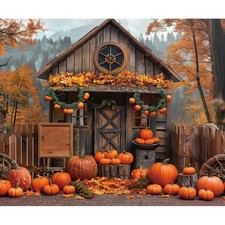 Autumn Log Cabin Backdrop 10x8ft Fabric Friendsgiving Party Fall Pumpkins