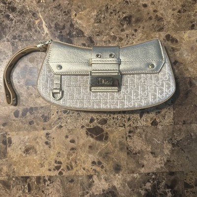 Vintage Christian Dior Monogram Saddle Pochette Bag   Silver Metallic Canvas
