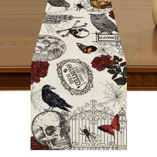 Halloween Table Runner 13x72 Inch Kitchen Dining Gothic Crow Skull Roses Tabl...
