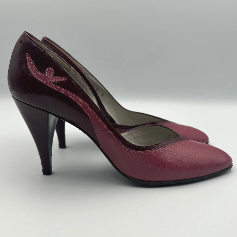 Vintage VAN ELI Pink Burgandy Leather Slip On Pointy Pumps Women Size 7Narrow - Image 2 of 4