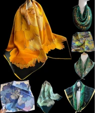 100% Silk 26" square Scarf Women neckerchief Wrap floral pink red blue gray MY2