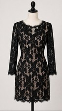 Adrianna Papell Lace Dress 2P Black Nude Sheath Long Sleeve Cocktail Evening