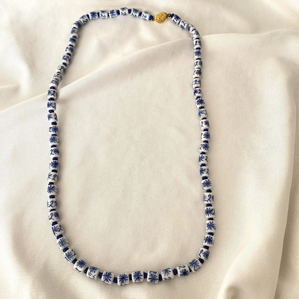 Collar de cuentas de porcelana pintado a mano de colección broche de oro anudado a mano 24" Foto 3 de 4