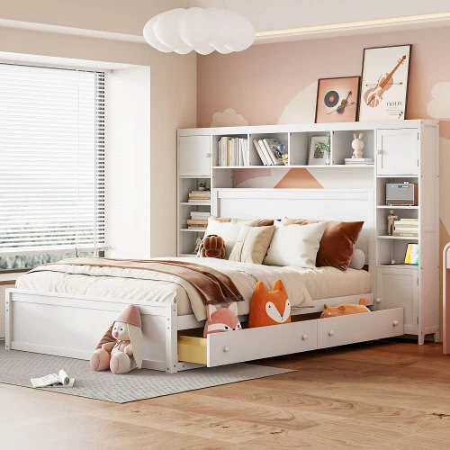 Full Queen Size Platform Bed with Storage Drawers All-in-One Cabinet and Shelves - Image 2 of 4