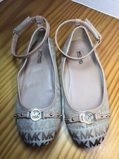 Michael Kors Monogram Girls Size 3 Ballet Flats Ankle Straps Tan Gold Color