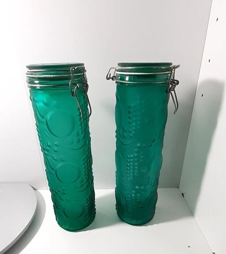 Vintage 13" Teal Green Frosted Glass Embossed Fruit x2 Canister Jars Hinged Lids