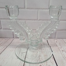 Twin Candle Stick Holder Engraved Flowers Clear Glass