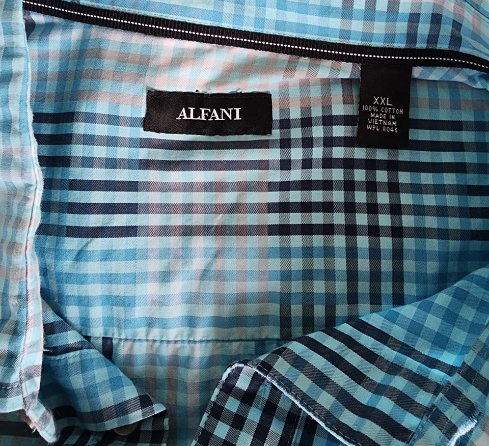 Camisa de vestir para hombre ALFANI calce regular manga larga abotonada azul a cuadros talla 2XL Foto 3 de 4